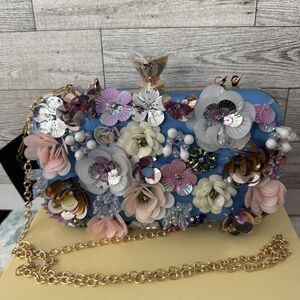 Bebe Blue Women Evening Bag Party Clutch Style Metal Rhinestones Handbag NWT